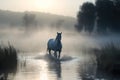 Image of white horse running on water in foggy morning time on natural background. Wild Animals. illustration. Generative AI Royalty Free Stock Photo