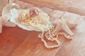 Image of white pearls necklace and seashells Royalty Free Stock Photo