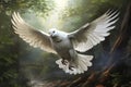 Image of white pigeon flying in the fertile forest. Bird. Nature. Illustration, Generative AI