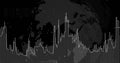 Image of white pixel globe and graph processing data on black background