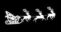 Image of white silhouette of santa claus in sleigh being pulled by reindeer on black background Royalty Free Stock Photo