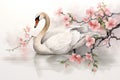 Image of white swan with pink cherry blossoms in ancient chinese style. Wildlife Animals. Nature. Illustration, Generative AI Royalty Free Stock Photo