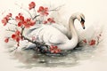 Image of white swan with pink cherry blossoms in ancient chinese style. Wildlife Animals. Nature. Illustration, Generative AI