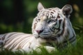 Image of white tiger resting on green pasture grass on summer. Wildlife Animals. Illustration. Generative AI