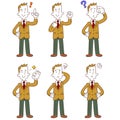 Whole body of a male student wearing a beige blazer 6 types of gestures and poses