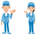 Whole body of man and woman in blue work clothes guided by the palm