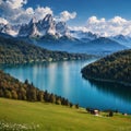 wide angle panorama landscape in Bavaria with lake and alps mountains made with Generative AI