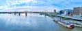 Wide view panorama Ohio River Belle Louisville river boat aerial rose gold bridge and buildings