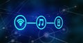 Image of wifi, music and phone icons forming flow chart over connected dots