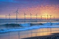 An image of wind turbines on the beach at sunset, generative ai