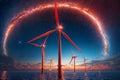 Cosmic Ring & Crimson Wind Turbines: Night Sky Reflection, generative ai Royalty Free Stock Photo