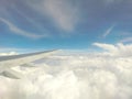 Image from the window of an airplane, in which you can see the wing, and the sky Royalty Free Stock Photo