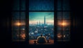 image of a window with a view of a city skyline, with a mosque lit up in the distance to celebrate Eid al-Fitr. Generative ai