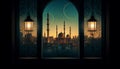 image of a window with a view of a city skyline, with a mosque lit up in the distance to celebrate Eid al-Fitr. Generative ai