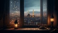 image of a window with a view of a city skyline, with a mosque lit up in the distance to celebrate Eid al-Fitr. Generative ai