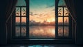 image of a window with a view of a peaceful lake or river, with a mosque on its banks to celebrate Eid al-Fitr. Generative ai