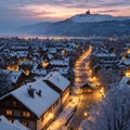 Winter evening sunset with snowy and illuminated buildings, Rosengarten, Bern, UNESCO, Switzerland made with Royalty Free Stock Photo