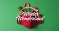 Image of winter wonderland text over face mask and christmas decoration Royalty Free Stock Photo