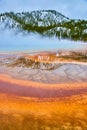Winter at Yellowstone with stunning red and orange layers by steamy spring