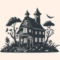 An image of a witch\'s house surrounded by creepy trees, pumpkins and bats. Vector in grunge texture