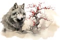 Image of wolf with pink cherry blossoms in ancient chinese style. Wildlife Animals. Nature. Illustration, Generative AI