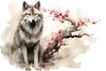 Image of wolf with pink cherry blossoms in ancient chinese style. Wildlife Animals. Nature. Illustration, Generative AI