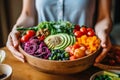 Image of a woman assembling a colorful Buddha bowl, with a variety of proteins ,vegetables and grains. Generative Ai