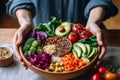 Image of a woman assembling a colorful Buddha bowl, with a variety of proteins ,vegetables and grains. Generative Ai