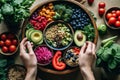 Image of a woman assembling a colorful Buddha bowl, with a variety of proteins ,vegetables and grains. Generative Ai