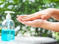 Woman`s hands is pressing a bottle of Alcohol Gel to clean her hands. Alcohol gel is very important in daily life.