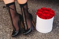 Image of woman`s legs wearing black high heel shoes and socks Royalty Free Stock Photo