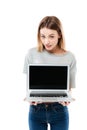 Image of woman showing laptop computer Royalty Free Stock Photo