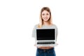 Image of woman showing laptop computer Royalty Free Stock Photo