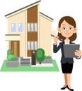 A woman in a suit filling out a form and a house