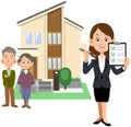 A woman in a suit and a house showing a senior couple and a checklist