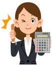 A woman in a suit wearing a thumbs up with a calculator