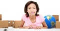 Image of woman typing on computer keyboards with globe stacks of boxes on white background