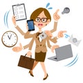 A woman wearing glasses working at a company that is too busy