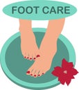 Image of women`s naked feet in a basin and the inscription foot care