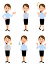 Women working in summer office, 6 different gestures and facial