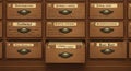 An image of a wooden card catalog with multiple drawers, each featuring brass Royalty Free Stock Photo