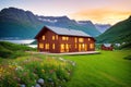 Wooden house in Norway with sunset mountains and fjord view traditional architecture scandinavian rural