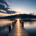 a wooden pier or jetty on the blue lake. Royalty Free Stock Photo