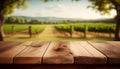 Image of wooden table in front of blurred vineyard landscape at sunset light. vintage filtered. glitter overlay Royalty Free Stock Photo