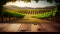 Image of wooden table in front of blurred vineyard landscape at sunset light. vintage filtered. glitter overlay Royalty Free Stock Photo