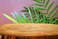 image of wooden table in front tropical green floral background. for product display and presentation Royalty Free Stock Photo