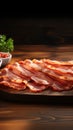 Image Wooden table setting with bacon slices, providing space for text