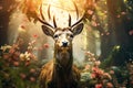 woodland graceful deer with antlers adorned in moss and flowers magical fairytale world