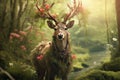 woodland graceful deer with antlers adorned in moss and flowers magical fairytale world