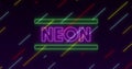 Image of the word neon in pink neon letters with diagonal coloured lines moving on black